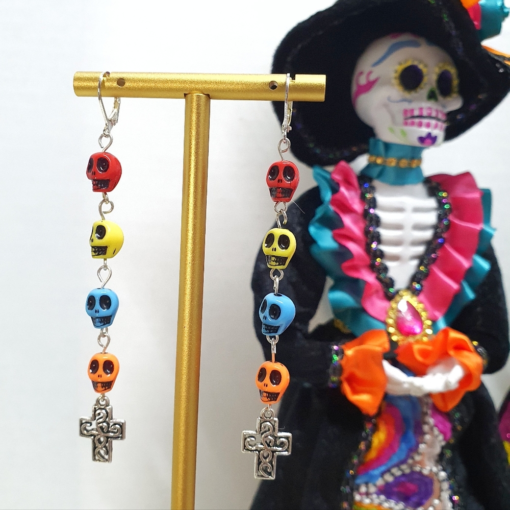 Colorfull Skulls & Metal Cross Dangle Earings